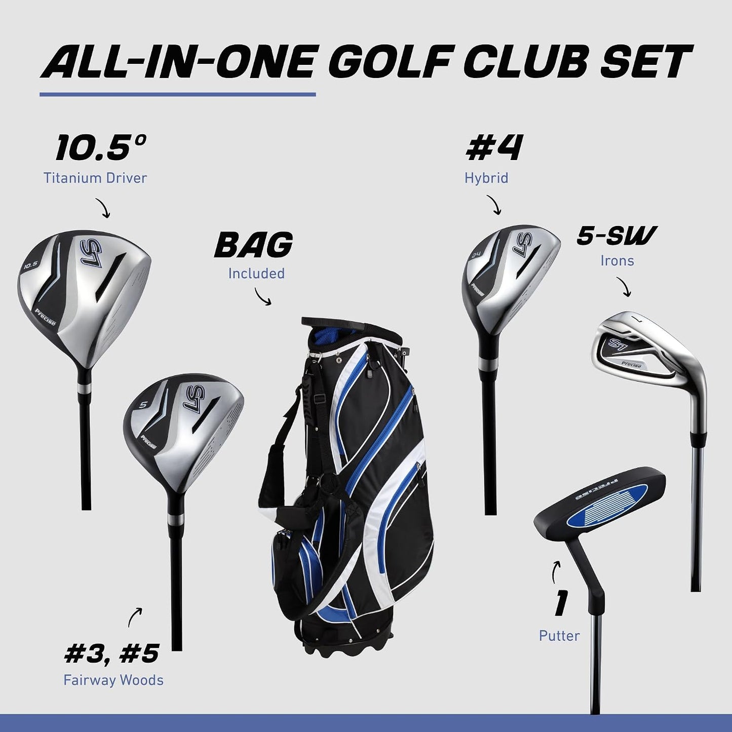 Precise S7 Men's 18-Piece Complete Golf Club Set – Titanium Driver, Fairway Woods, Hybrid, 5-SW Irons, Putter & Stand Bag, Right Handed